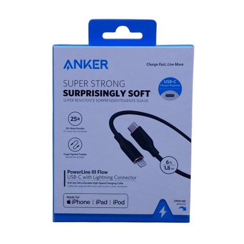 كابل أنكر باورلاين III فلو USB-C إلى لايتنينج (1.8 متر / 6 قدم) – كابل شحن سريع PD من السيليكون الناعم جدًا لأجهزة الآيفون/آيباد