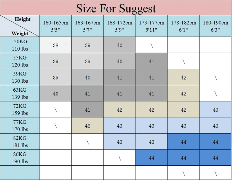 جدول المقاسات جدول المقاسات