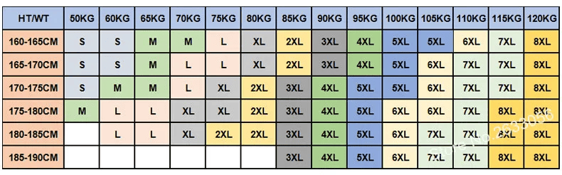 جدول المقاسات